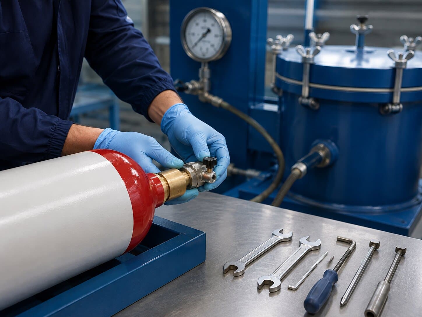 A technician fitting a valve to a CNG cylinder
