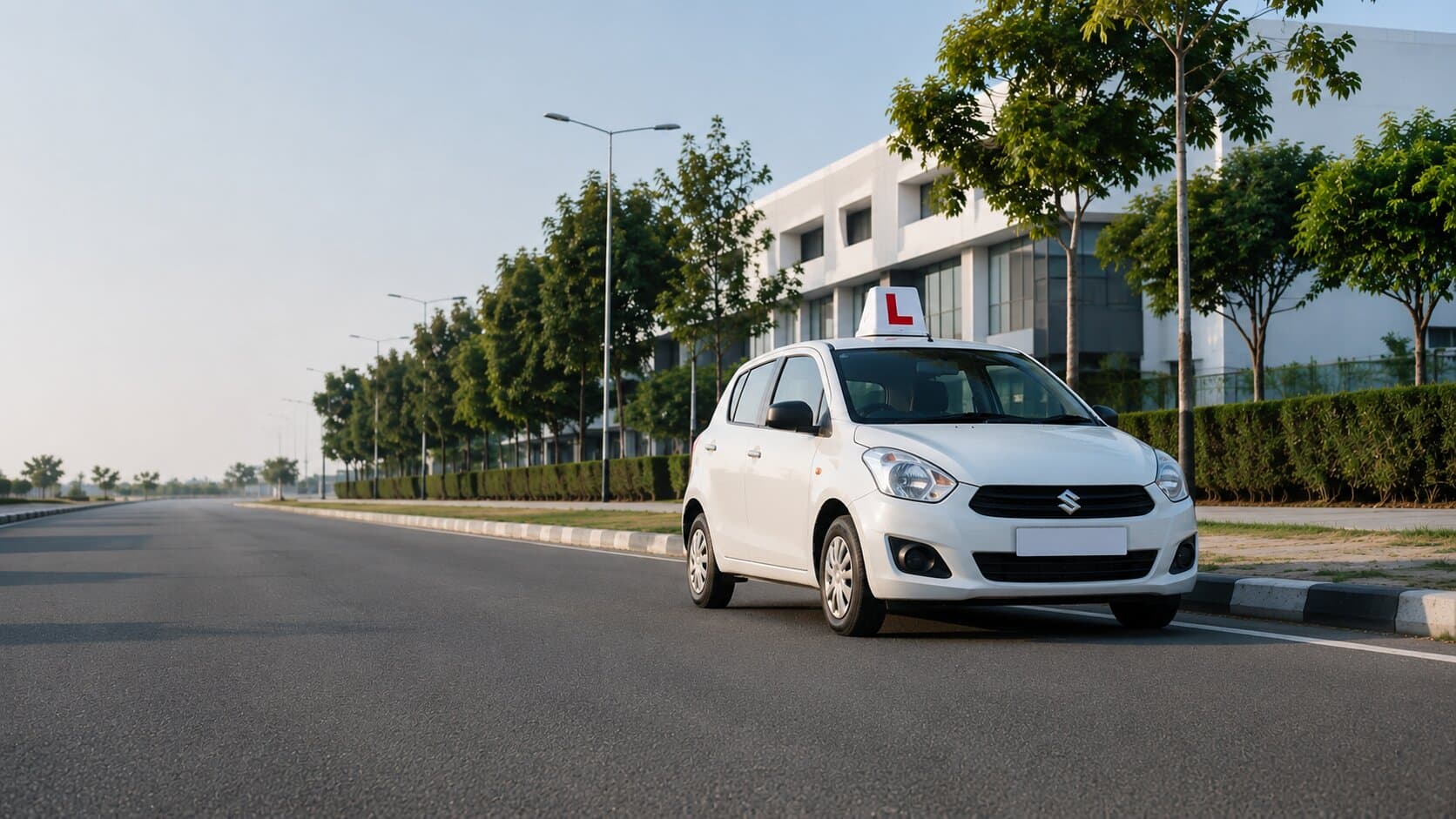 A driving-school car with an L-board parked on a service road