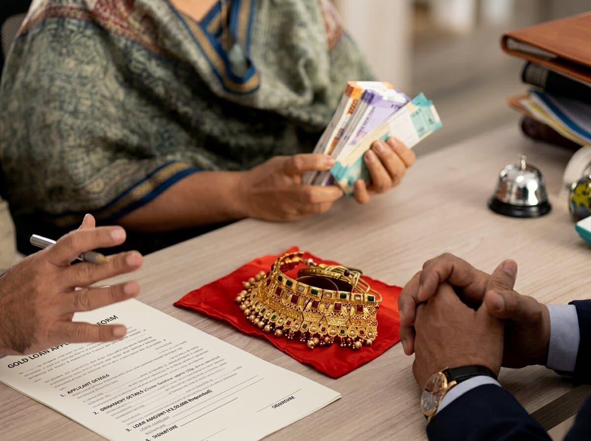 Gold jewellery being weighed at the counter during a loan application