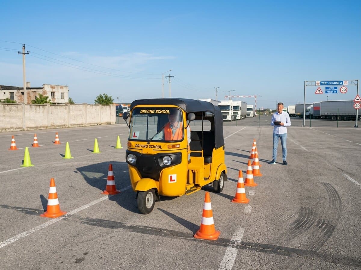 A learner practising in an L-plated auto rickshaw on a driving test course